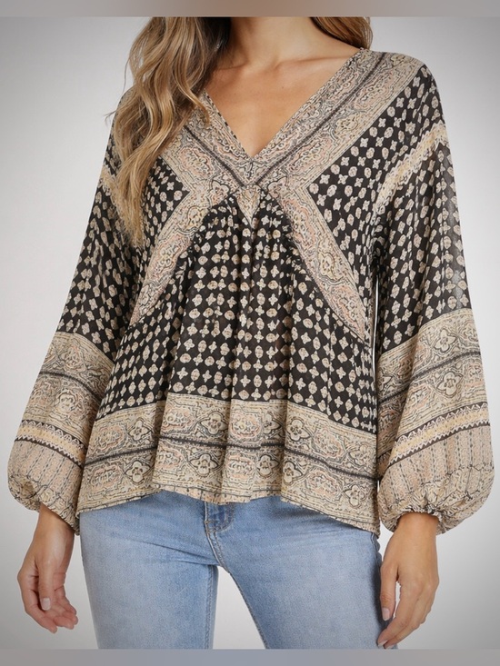 Rose & Olive Tops - Rose & Olive Boho Medallion Print V-Neck Bishop Sleeve Blouse